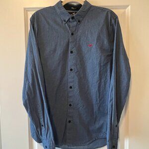 Hollister Men's Blue Button-Down Shirt with Black Pattern Accent – Size Large
